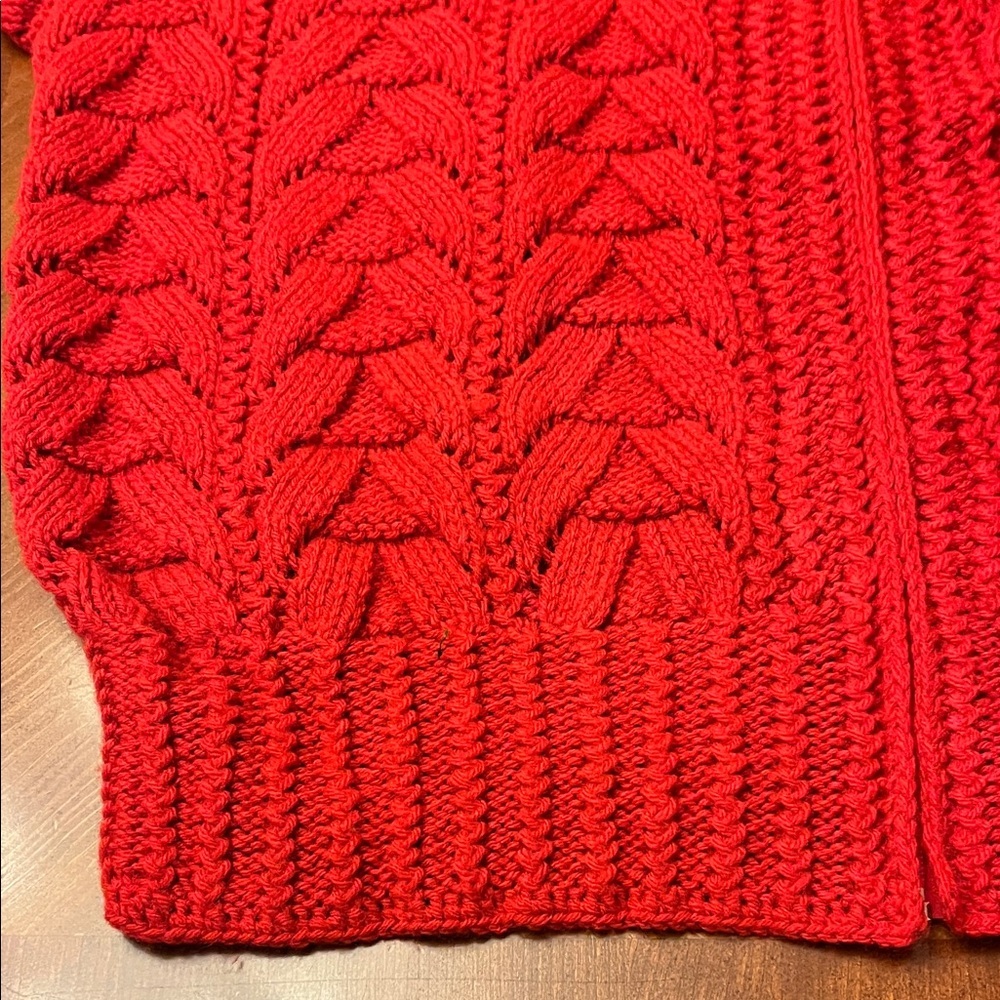 Vintage Chunky Red Braided Cable Knit Zip-Up Cardigan Oversized Cotton - Picture 5 of 5